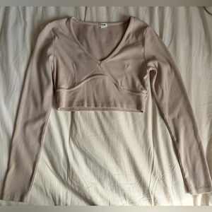 Garage Cream Long Sleeve Crop Ribbed Top